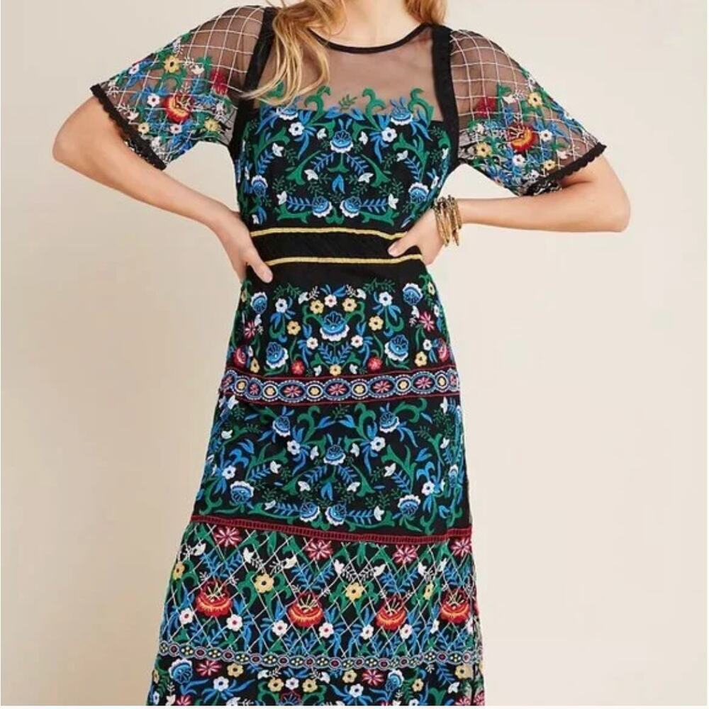Anthropologie $258 Esther Floral Embroidered Black Midi Dress